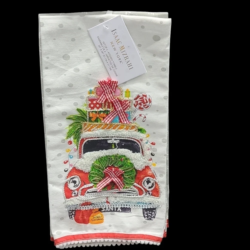 x2 Isaac Mizrahi Embellished 3D Christmas Red Truck Kitchen Towel Set New